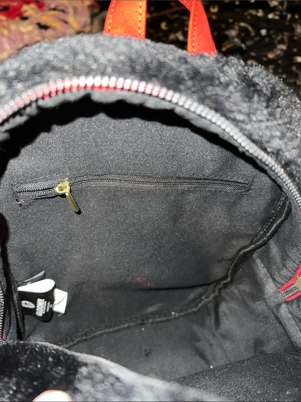 Gloomy Black Plush Kids Backpack with Red Accent Embroidery